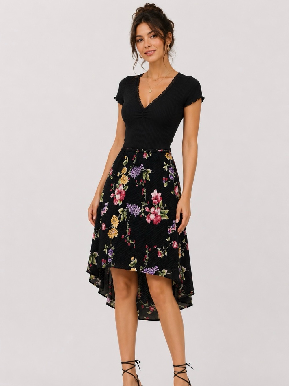 Notations Black Floral High-Low Skirt Size Mrdium